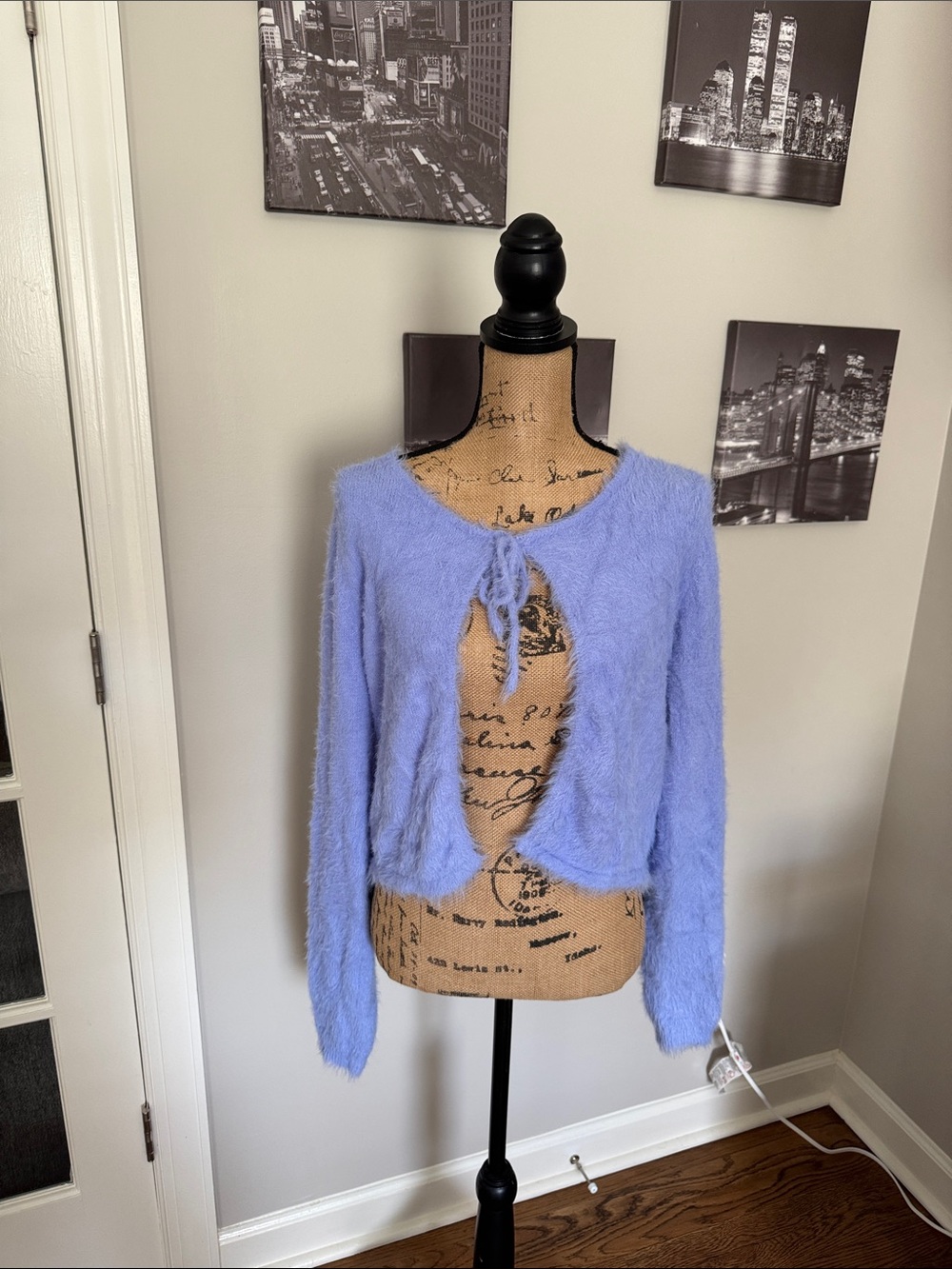 Light Lavender Tie-Front Fuzzy Women's Cardigan